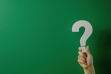 Raised Question Mark Hand Holding Symbol of Curiosity Uncertainty or Inquiry on Green Background
