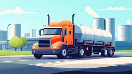 A bright orange tanker truck driving along a rural road near industrial buildings during clear weather, cartoon illustration.