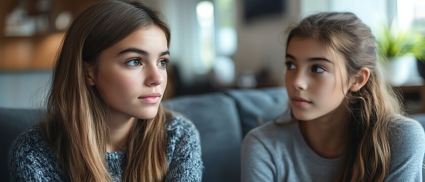 Mother listening empathetically to her teenage daughter, sitting together on a sofa at home, emphasizing understanding and communication