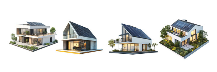Set 3D model of a modern family house with solar panels on the roof, isolated on a white background.