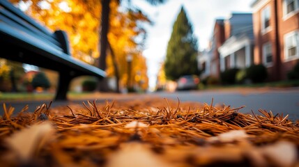 Colorful autumn scene featuring fallen leaves along a serene street, with vibrant trees and a peaceful bench in the foreground.