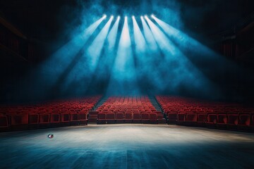 Empty theater stage with dramatic lighting beaming onto red seating area, creating an atmosphere of anticipation and excitement for the upcoming performance.