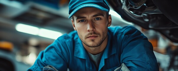 Auto mechanic in a blue uniform and cap, positioned under a vehicle in a modern garage, engaged in repairing or fixing car parts, emphasizing technician service