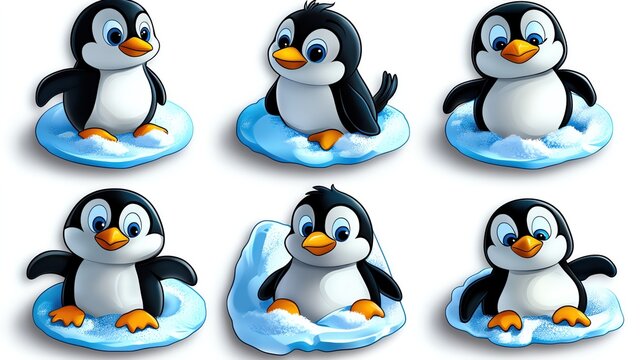 A collection of cute cartoon penguins playing and posing on ice. Perfect for children's themes and winter illustrations.