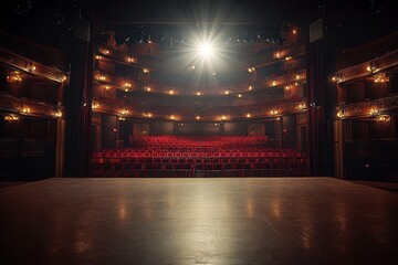 Obraz premium Empty theater with illuminated stage lights and red velvet seats, showcasing a dramatic and elegant interior view from the stage.