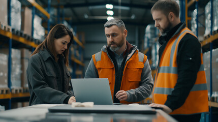Warehouse workers check inventory or have team meetings using laptops in logistics industry warehouse.