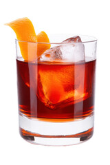 A refreshing cocktail served in a glass with ice and orange peel garnish, perfect for an elegant...