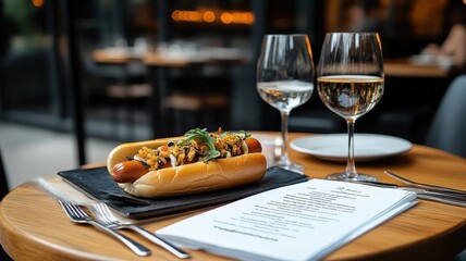 Gourmet hot dog with sophisticated drink menu, refined table, elegant cutlery and glassware.
