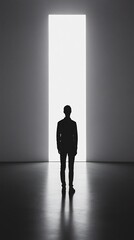 Obraz premium A Silhouette of a Man Standing Before a Bright Doorway