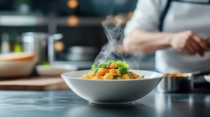 Steaming bowl of curry with cilantro, set in a busy kitchen scene, emphasizing freshness.