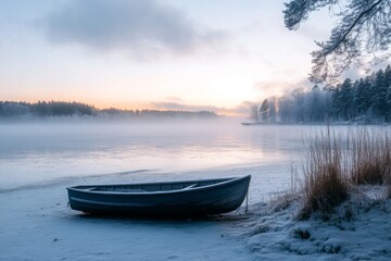 boat in winter on the shore of an icy lake 