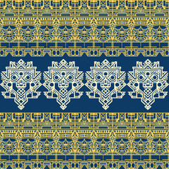 Aztec inspired geometric pattern with tribal motifs in blue and yellow, seamless design.