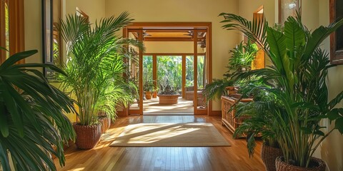 Bright and inviting tropical indoor garden with lush green plants and wooden flooring, capturing natural light and warmth.