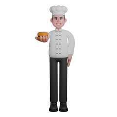 Illustration of 3D Male Chef. A chef is holding a burger in his right hand while smiling. Professional Cartoon