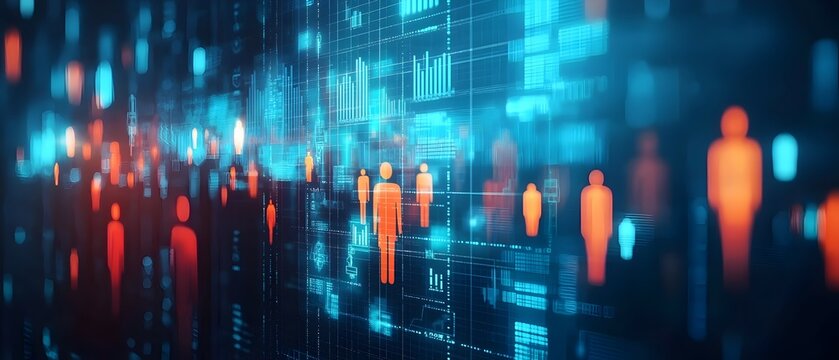 Futuristic digital visualization of economic policy influencing employment rates and workforce trends depicted through abstract data charts graphs and icons in a dynamic colorful conceptual design