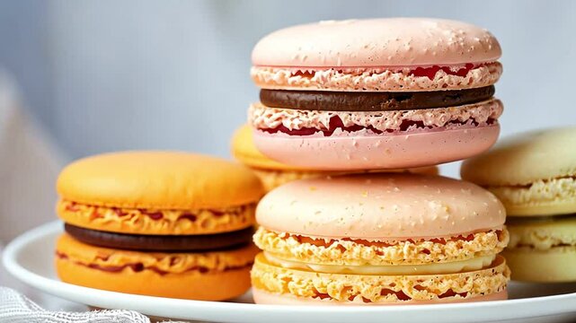 Colorful French macarons stacked on a white plate