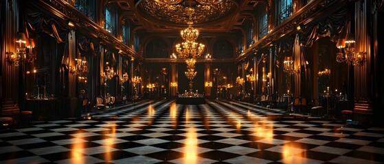 Captivating scene of a lavish Art Deco style ballroom set for a grand masquerade party featuring an ornate chandelier elegant architectural details