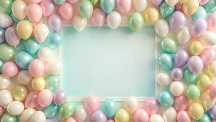 Pastel-colored balloons framing a light blue background with copy space