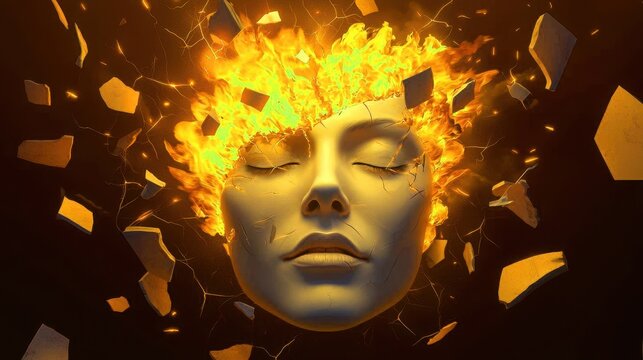 A face with a head exploding in a fiery burst, surrounded by shattered debris, dynamic composition, vibrant reds and oranges, chaotic and fierce