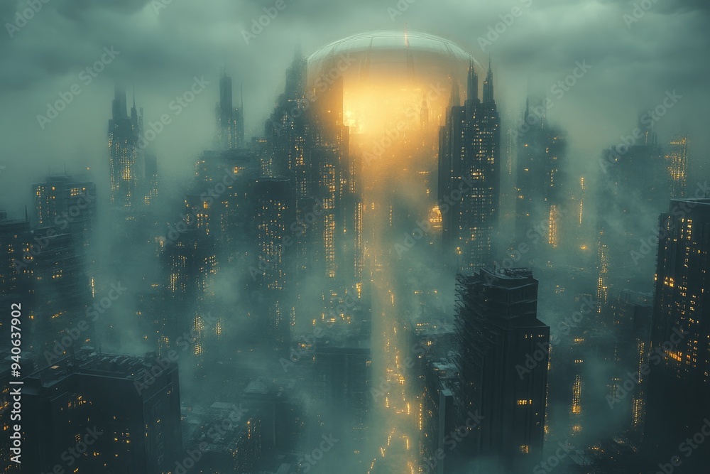 Canvas Prints A Futuristic Cityscape with a Glowing Dome and Fog