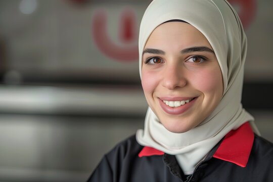 A woman wearing beige hijab posing for a CV photo. Female professional. A fast food industry manager. A Muslim lady wearing corporate uniform against blurry background