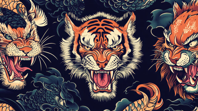 Tigers and dragons. Traditional tattooing background. Japanese seamless pattern. Old school tattoo. Japan yakuza art style. Asian wild cats heads