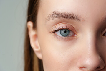 Naklejka premium Close Up of Woman's Blue Eyes With Natural Makeup
