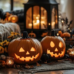 Fototapeta premium Jack O Lantern Pumpkins with Candles and Fall Leaves