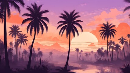 A tropical scene with palm trees and a sunset in the background