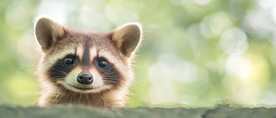 Obraz premium A raccoon's face, in tight focus, gazes directly at the camera Behind, trees blur softly