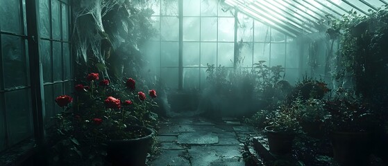 Obraz premium Haunted greenhouse filled with mystical ghostly flowers on Halloween photography concept with copy space for text Moody atmospheric and cinematic scene with a supernatural eerie