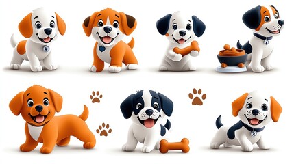 Naklejka premium Colorful, playful dog illustrations featuring happy puppies and playful poses in a fun and vibrant design.