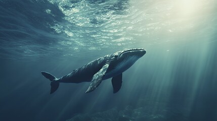 Fototapeta premium A majestic whale swimming gracefully in the deep ocean waters.