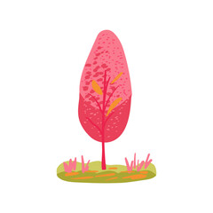 and drawn trees with pink, coral, red branches, and yellow leaves. Grass texture. Flat vector illustration. Icon plant