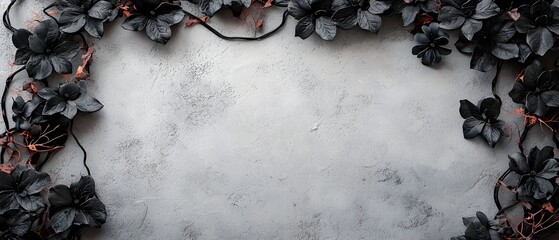 Haunting Halloween garland made of dark twisted black flowers and creepy sinuous vines in a photography concept with copy space for text  Mysterious moody