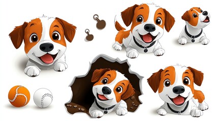 Obraz premium Adorable cartoon dog illustrations featuring playful expressions and fun activities for pet lovers and children.