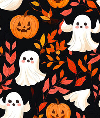 Obraz premium Seamless pattern with ghosts flying over pumpkins and autumn leaves