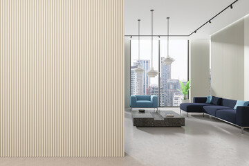 Stylish home living room interior with sofa and armchair, window. Empty wall