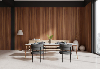 Modern dining room with wooden wall and minimalist furniture. 3D Rendering