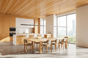 Modern kitchen and dining area with large windows. 3D Rendering