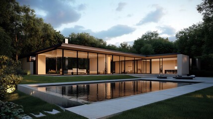 Obraz premium Modern House with Pool and Surrounding Greenery