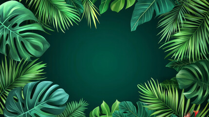 A modern vector illustration featuring tropical elements, including vibrant leaves, plants, and a flamingo. The composition showcases a variety of lush, green palm leaves, monstera, and fern fronds, c