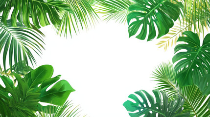 A modern vector illustration featuring tropical elements, including vibrant leaves, plants, and a flamingo. The composition showcases a variety of lush, green palm leaves, monstera, and fern fronds, c