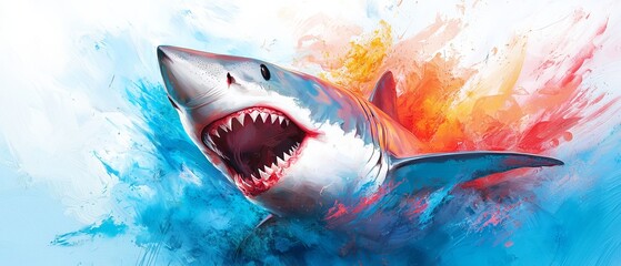  A painting of a shark with its jaws widely agape, surrounded by splashing water