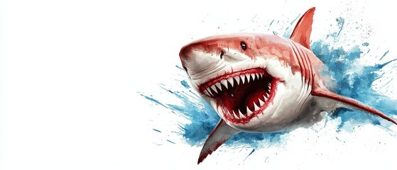  A tight shot of a shark's open mouth, surrounded by water spraying from its sides