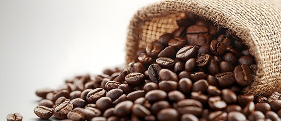 Fototapeta premium Organic coffee beans spilling out from a rustic burlap sack in a 3D concept with copy space for text overlay The image represents the natural artisanal and fresh qualities of premium coffee