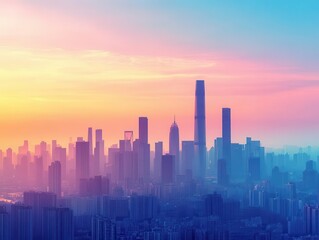 Fototapeta premium Stunning city skyline at sunset with vibrant colors and silhouette effect, perfect for urban landscape and travel themes.