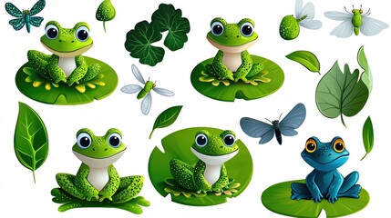 Obraz premium A vibrant collection of cute frogs and leafy elements, perfect for nature-themed designs or children's projects.