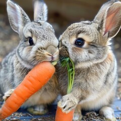 Naklejka premium A photo of two cute rabbits eating carrots