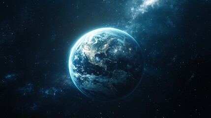 Obraz premium A stunning, detailed image of the Earth, suspended in the vastness of space. The planet is illuminated by the light of a nearby star, casting a soft glow on the clouds and continents.